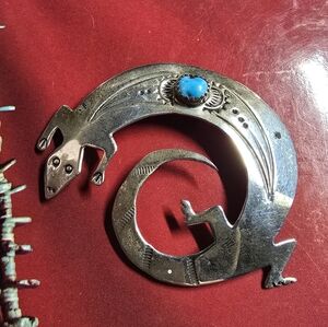 Vintage Sterling Silver Lizard Brooch with Turquoise Accent Stamped HIJE